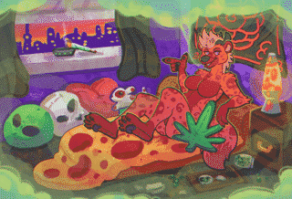 Billie looking plushy, sitting on a big bed shaped like a pizza, surrounded by other plushies and smoking a bunch of weed. A blunt is sitting in an ash tray on the window sill, and a dark city can be seen in the background.
